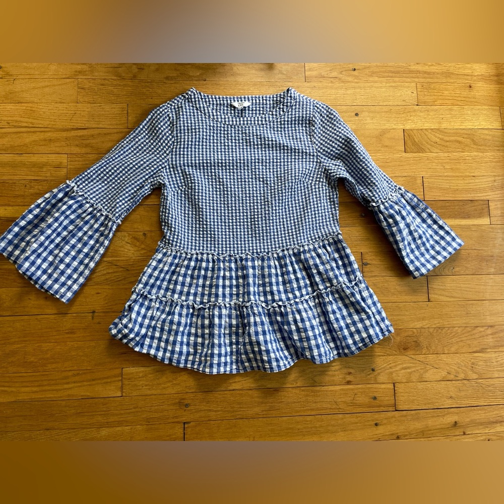 crown & ivy Blue Gingham Tiered Ruffle Peplum Top